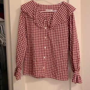 Red Gingham Blouse with Ruffle Collar & Sleeve Hems